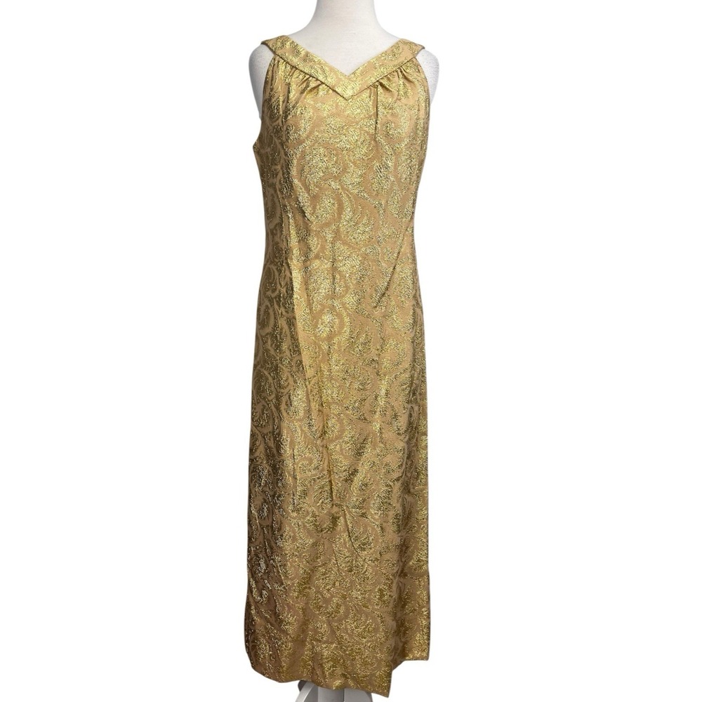 1960s Royal Lynne Evening Gown Maxi Dress Gold Metallic Brocade Party Sheath VTG